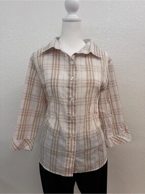 Rebecca Malone Plaid Button Front Blouse Women’s XL Beige White 3/4 Sleeve Top